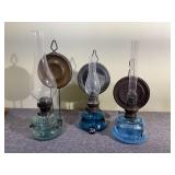 3 Antique Colored Glass Oil Lamps