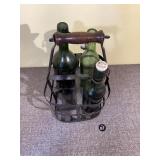 Antique French Bottle Carrier Green Glass Bottles