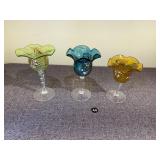 3 Murano Style Art Glass Stemmed Base Vases