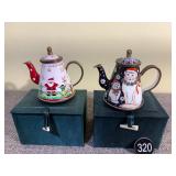 Pair, Hand Painted Christmas Enamel Teapots