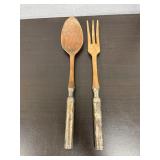 vintage salad serving set wooden heads silver hand