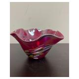 Hand-blown iridescent Glass ruffled bowl