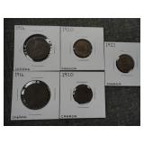 Lot of (5) Canadian 1 Cent Coins 1916 to 1921
