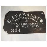 Antique G. Furman & Co. NY Copper Stencil