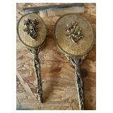 Vintage gold tone handheld vanity mirror brush set
