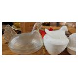 Milk glass and carnival hens on a nest