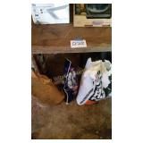 WOOD CARD TABLE AND BAGS OF ICE MELT, PELTS,