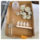 Vtg Christmas Bulbs, Tea Set, Wire Top Bottle