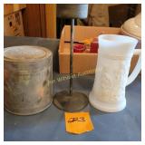 Vtg Milk Glass, Candle Holder, Tin