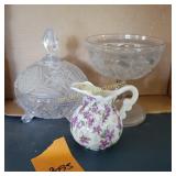 Vtg Covered Glass Dish, Small Pitcher, Compote