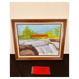 Framed Covered Bridge & Water Falls Oil Painting