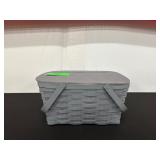 Gray Woven Basket With Hinged Wooden Lid