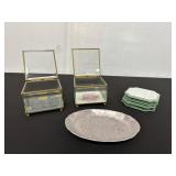 Glass Boxes, Metal Dish, and Ceramic Coasters Set