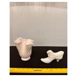Vintage Fenton White Milk Glass Vase&Cat Head Shoe