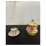 Porcelain Sugar Bowl and Floral Cup and Saucer Set
