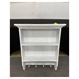 White Wooden Wall Shelf with Hooks, 34 Inches Tall