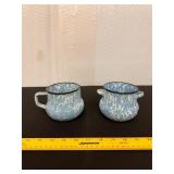 Vintage Blue Splatterware Cream and Sugar