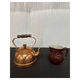 Copper Teapot and Embossed Ceramic Pitcher Set