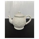White Ceramic Teapot with Embossed Design