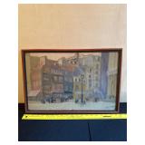 Framed Street Scene Painting with Signature