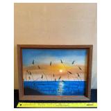 Framed Sunset Seascape Oil Painting with Signature