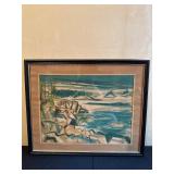 Framed Coastal Landscape Painting in Glass Frame