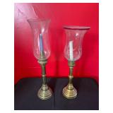 Pair of Brass Candle Holders with Glass Hurricanes