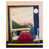 Oil Painting of Woman at Table With Scenic View