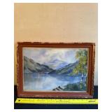 Framed Landscape Painting With Tree and Lake Scene