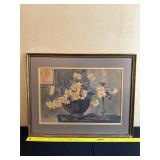 Framed Watercolor Still Life of Flowers and Candle