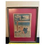 Framed Japanese Woodblock Print with Red Mat