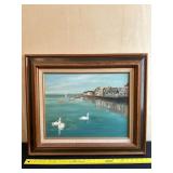 Signed Painting of Waterfront Scene With Swans