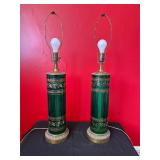 Pair of Green Glass Table Lamps with Brass Accents