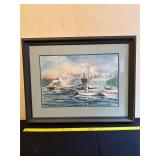Framed Watercolor Harbor Scene by Hugh Hymas, 1976