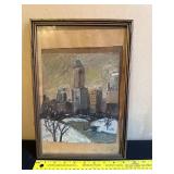 Framed Painting of Snowy Cityscape Scene