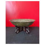 Bronze Bowl With Carved Wooden Stand