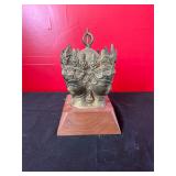 Bronze Four-Faced Hindu Deity Bust on Wooden Base