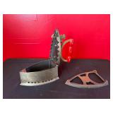 Vintage Coal Press Iron With Red Wooden Handle