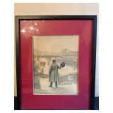 Framed Vintage Lithograph of a Cityscape