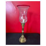 Brass Hurricane Lamp w Etched Glass Shade