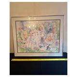 Framed Watercolor of Tea Party Scene