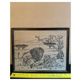 Framed Stitched Artwork Depicting Lions and Cubs