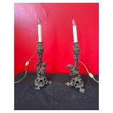 Pair of Two Cast Iron Sculpted Lamps