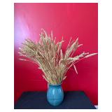 Blue Ceramic Vase With Dried Wheat Arrangement
