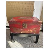 Chinese Red Leather Storage Chest on Stand