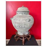 Handcrafted Ceramic Jar with Lid and Wooden Stand