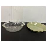 Clear Pyrex Bowl and Green Ceramic Dish Set