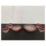 Set of Clear Glass Tableware with Red Trim