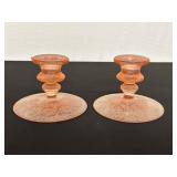 Pair of Pink Glass Etched Candle Holders