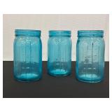 Set of Three Blue Glass Mason Jars